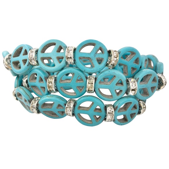 Peace Sign Symbol Turquoise Stone Rhinestones Wrap Around Bracelet or Necklace - Picture 1 of 4